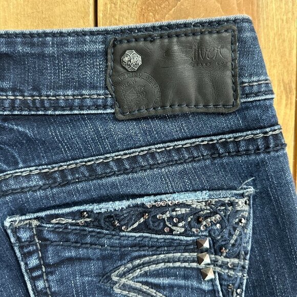 Silver Suki 17 " Jeans Rhinestones Black Patch Size 26 - Picture 6 of 10